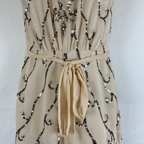 Shail K. Romper 2 Cream Brown Sequin Rhinestones Lined Short Sleeve Tie Waist - Picture 5 of 14